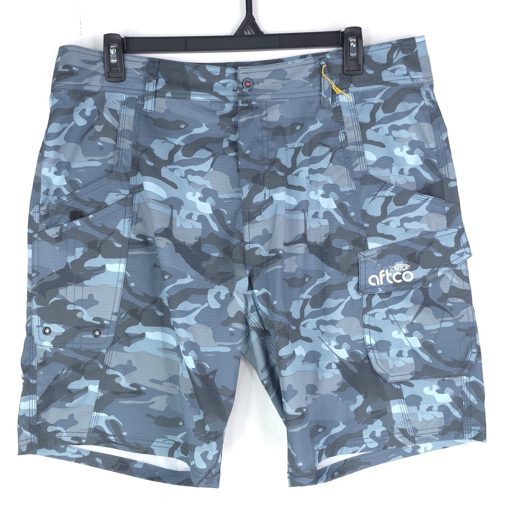 AFTCO Shorts Mens 38 Blue Camo Ripstop Cargo Fishing Wicking Performance Stretch